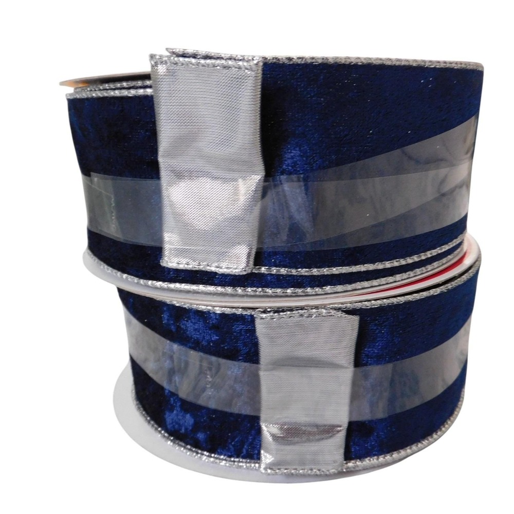 2 Wired Jumbo Ribbon Navy Blue Velvet‎ w/ Silver Trim 2.5" X 60 ft EACH